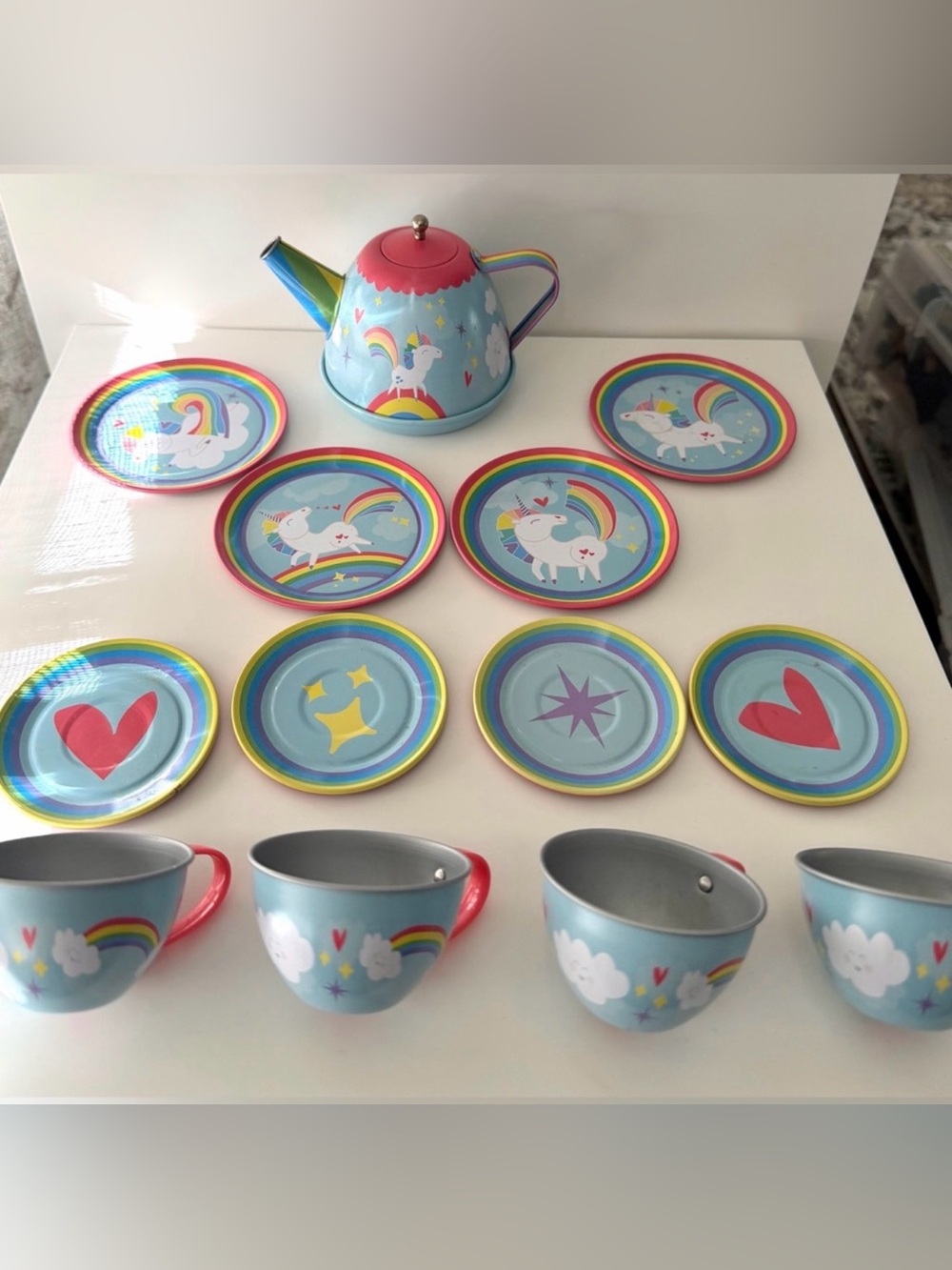 Schylling Unicorn Tin Tea Set 13 Pc Rainbow Kids Tea Party Set - Picture 5 of 5